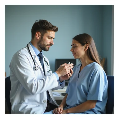 realistic illustration of a doctor in a white coat giving pills to a patient with a suffering expression, the doctor seems to ignore the cause of pain, medical office background, critical atmosphere sticker