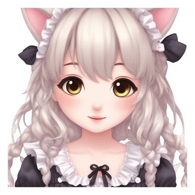 Gorgeous anime style catgirl with blushing face with maid outfit laces gothic Lolita idol model kawaiicore pastelcore cottagecore pearly petite simplistic aesthetic trending style sticker