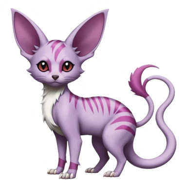 Furry, Purple, white, black, Minccino-Sphynx-Lykoi-Linoone-Zangoose-fusion-hybrid-animal-Fakémon-creature, full body, thin long sleek scaly tail, intricate markings sticker