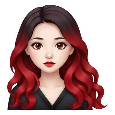 black ombre to red long wavy hair, pretty bratz baddie, pale skin, dark brown eyes, asian pretty bratz baddie sticker