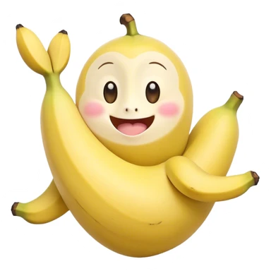Cute Kawaii Banana, slightly curved, soft pastel yellow, cute giggling face with big round eyes, tiny arms waving happily, a peeled section revealing a smiling expression! sticker