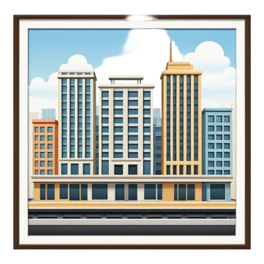 Buildings placed on a platform, standing together in a structured arrangement 1960s sticker