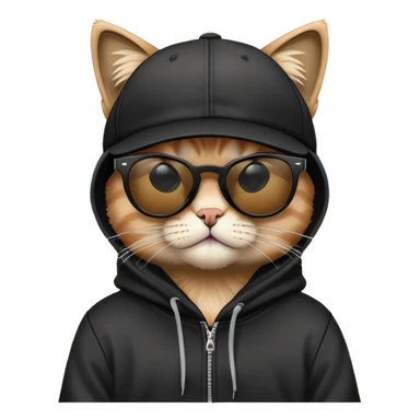 cat wearing a black snapback cap, black hoodie, and black sunglasses low on his nose that he is peering over, doing graffiti art with spray paint, street art style sticker