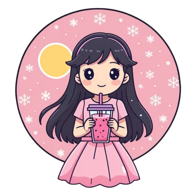 Cite little anime girl wearing sparkly pink holding a pink smoothie with snowflakes around and the sun shining  sticker
