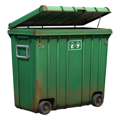 a green closed dumpster, No trash, BOTH THE LIDS CLOSED sticker