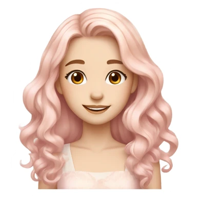 Pretty girl with long wavy light peachy pastel pink hair, pale skin, brown doe eyes, light makeup, smiling gently, beautiful, dress sticker