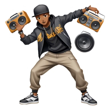 Icon for Street Dance: a dancer in urban streetwear performing a dynamic lower breakdance move, with a spray-painted background and a boombox on the asphalt. The icon should capture the energy, style, and creativity of street dance culture. Transparent background. sticker