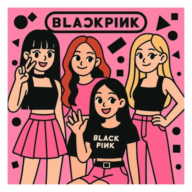 Blackpink K-pop group, pink and black colors, playful and cute, trendy fashion, group pose sticker