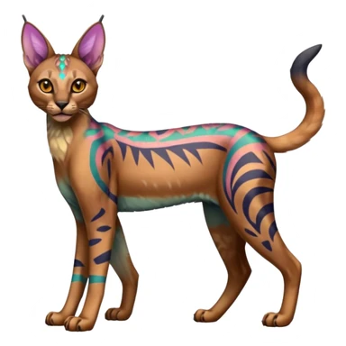 A Colorful iridescent exotic tropical tribal cute happy realistic elegant esoteric patterned dark caracal-Lykoi-bobcat-sphynx-genet-serval-Fakémon-hybrid-fusion-animal-creature, full body, 4-legged sticker
