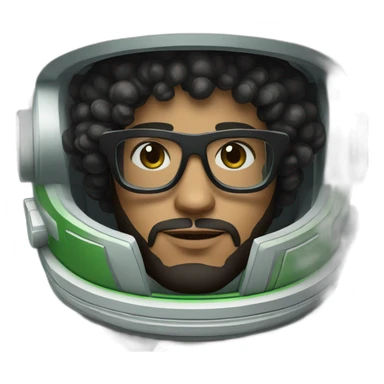 Light skin Man with black short curly hear and beard and black glasses wearing a green and white astronaut suit and helmet sticker