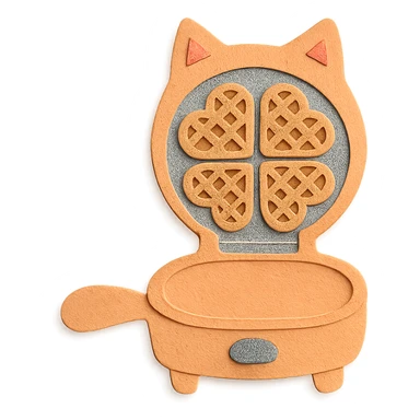cute cat-shaped waffle maker displaying heart-shaped waffles, pastel orange, full-body sticker