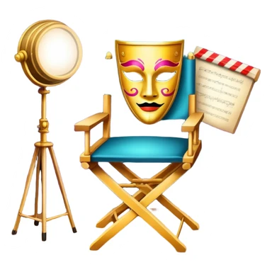 Icon for Acting: a theatrical mask, stage lights, a director’s chair, and a script, representing the craft of acting in theater. The design should reflect creativity, performance, and the art of storytelling on stage. Transparent background. sticker