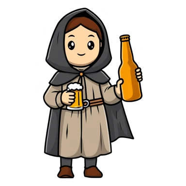young female medieval pilgrim with cloak and beer bottle sticker