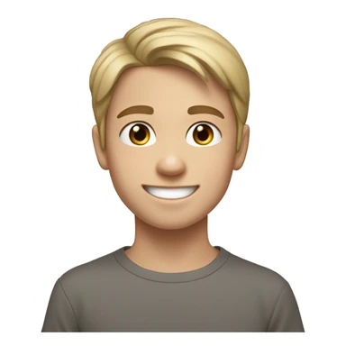 a 13 year old boy smiling with blue eyes and pale tan skin color, straight hair covering fore head brown sticker