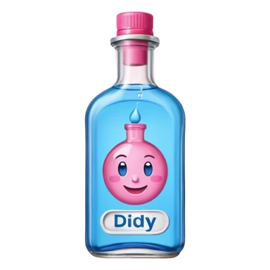 Smiling bottle of oil blue top pink outside with logo that says diddy oil sticker