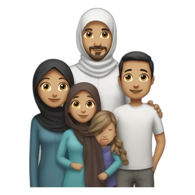 Family of four people: a mother who is the only person wearing a hijab, a father who has dark hair, a young little girl with dark hair, and a young little boy with dark hair, light brown skin sticker