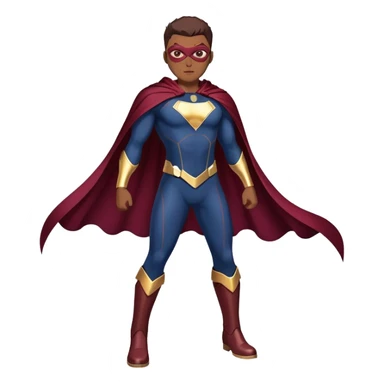superhero in dark blue and maroon bodysuit with gold accents, digital cape, maroon boots, dynamic pose sticker