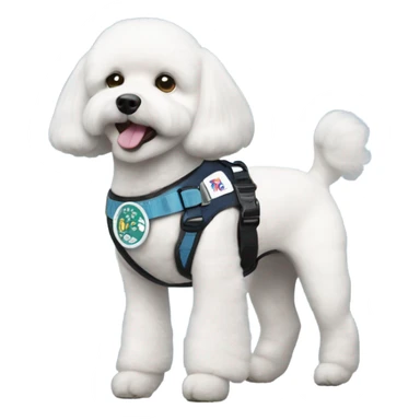 A Bichon service dog wearing a service dog harness sticker