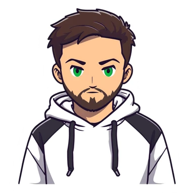 anime style male character with green eyes, dark brown undercut hairstyle, short beard, wearing white hoodie sticker