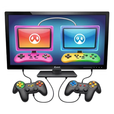 An icon showing two monitors with gaming interfaces, connected by a wire. Each monitor displays a different game screen, with two gamepads placed nearby, symbolizing multiplayer gameplay. transparent background. sticker