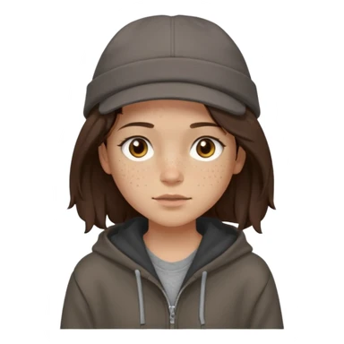 Hobo tomboy with light skin, freckles, shoulder-length center-parted dark brown hair. brown eyes, dark dull brown hoodie, grey shirt. Bolero hat sticker