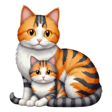 full body colourful light patched calico + white tabby cat cuddling a big dark grey and white tabby cat  sticker