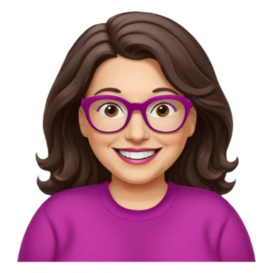 50 yr Caucasian woman, long dark brown hair parted on side, brown eyes, brown glasses, big smile, white teeth, fuscia sweater, chubby, wavy hair sticker