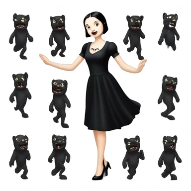 wednesday addams dancing with werewolves.she is wearing a short creepy black flowing evening gown with a plunging neckline that’s off of the shoulders that also shows her legs with expensive black shiny velvet high heel shoes. sticker