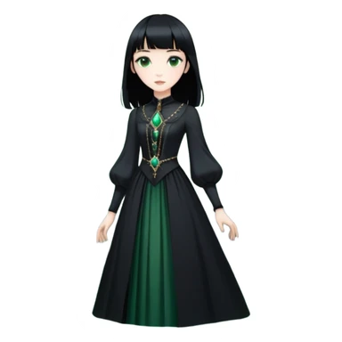 young woman, russian white skin, slender, she enter new worlds and creates utopia in them to make evryone trully happy. Make all they wishes comes true and ends suffering. Her goddes avatar looks like a girl with straing black hair with bangs, pale skin, green eyes, big black victorian dress. She travel across the multiverse on her black obsidian floating castle. She is very kind and calm. sticker
