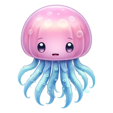 Cinematic floating kawaii jellyfish, tiny round body, soft glowing tentacles, pastel pink and blue hues, delicate sparkling highlights, dreamy and adorable. sticker