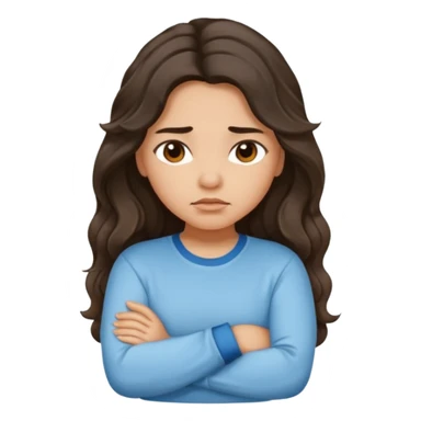 Hispanic light tan girl with long dark wavy hair pouting and arms crossed. Wearing a long sleeve. Hair with middle part. sticker
