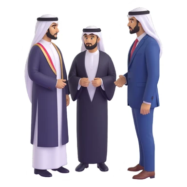 UAE sheikh in traditional clothes standing and talking with a USA businessman in a suit sticker