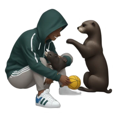otter in black adidas hoodie playing with a dog sticker