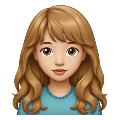 Please generate a portrait of a pretty girl with long, wavy, light brown hair and bangs. sticker