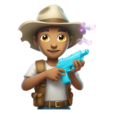 Caucasian boy in glowing outfit and hat with bubble guns in each hand sticker