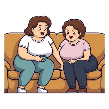 One Caucasian woman with brown hair big boobs wearing pants sitting on a couch with a bald man. She is looking down shocked. He is smiling. sticker