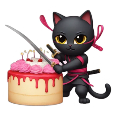 Ninja cat cuts a cake with a katana sticker