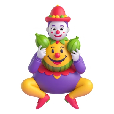 Clown holding an eggplant between his legs in 3D emoji style, maintaining transparent background. sticker