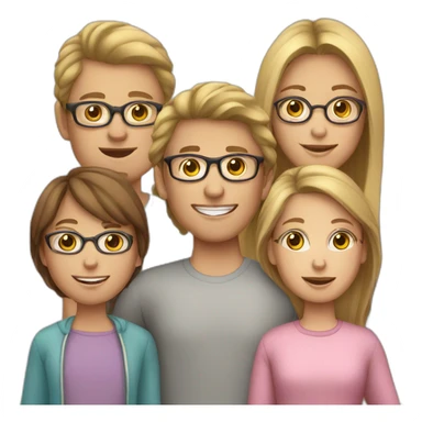 White family of 4, brown hair mom, brown hair boy, 2 girls with glasses and long blond hair sticker