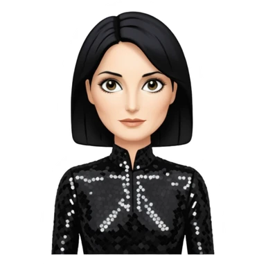 Carrie-Anne Moss with black hair, black sequin outfit sticker