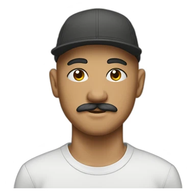 shaved head in five-panel cap with mustache sticker