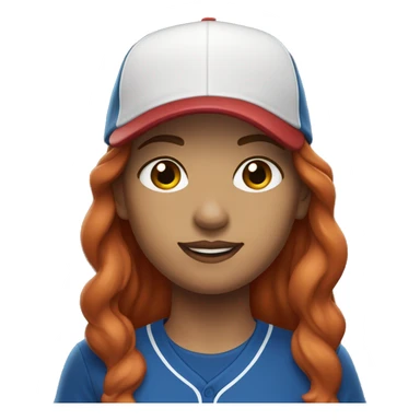 front facing standing up female coach with long red hair, wearing a white t-shirt and a simple baseball blue hat sticker