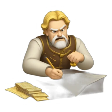 middle ages taxman, angry, writing on a paper, pile of gold sticker
