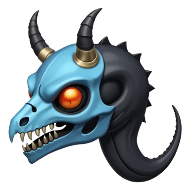 Shiny Dark Edgy  Duskull-Salandit-Inteleon-Amaura-Fakémon-hybrid-creature (full body) with a horned animal-skull-mask sticker