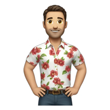 white man with a flower shirt with a red pant and dark hair sticker