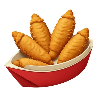 Five delicious breaded chicken tenders in a red paper food boat sticker
