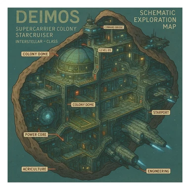 futuristic cyberpunk schematics cutaway exploration map of a supercarrier colony starcruiser, interstellar class, built within a monolithic asteoid - the Deimos sticker