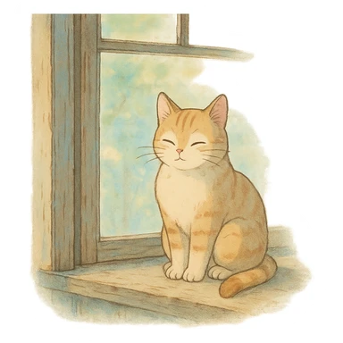 cat sitting on a windowsill in ghibli style, detailed, soft colors, whimsical atmosphere sticker