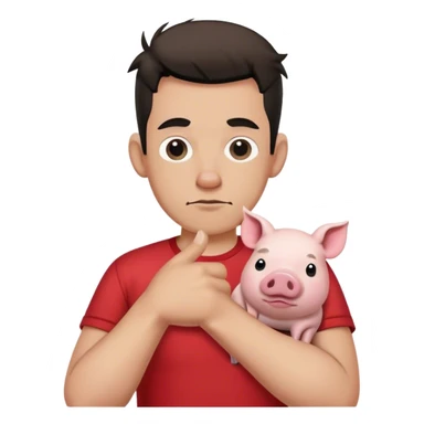 man with rock and roll hand symbol but thumbs tucked in and its facing down and the man is wearing a red shirt with a white pig on it sticker