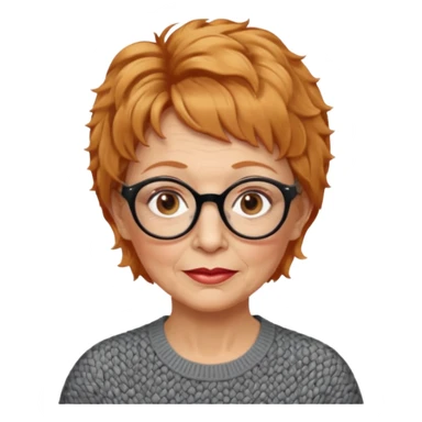 woman 70 years old, very short strawberry blonde weavy hair, brown eyes and round dark glasses sticker